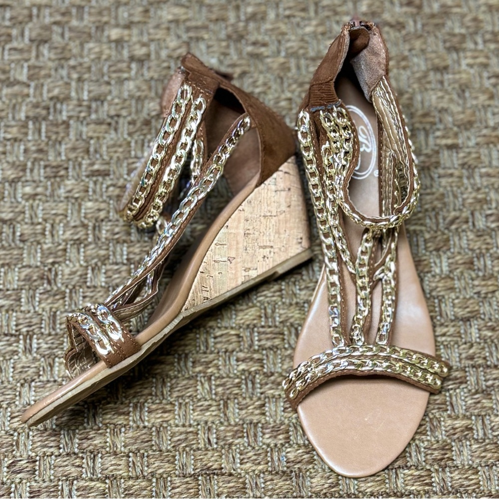 Open Toe Sandal w/Gold Chain Straps and Cork Wedge Heels